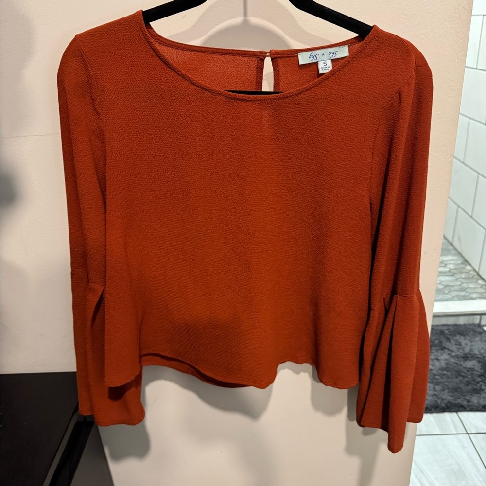 She and Sky Brown Crop Blouse 3/4 Sleeve